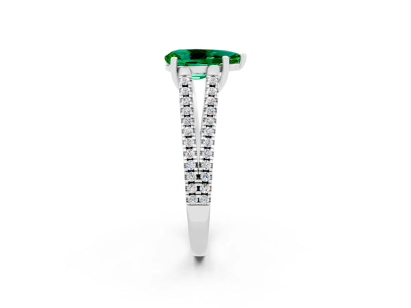 Platinum Pear Cut Emerald Solitaire Engagement Ring with Split Shank Pavé Band