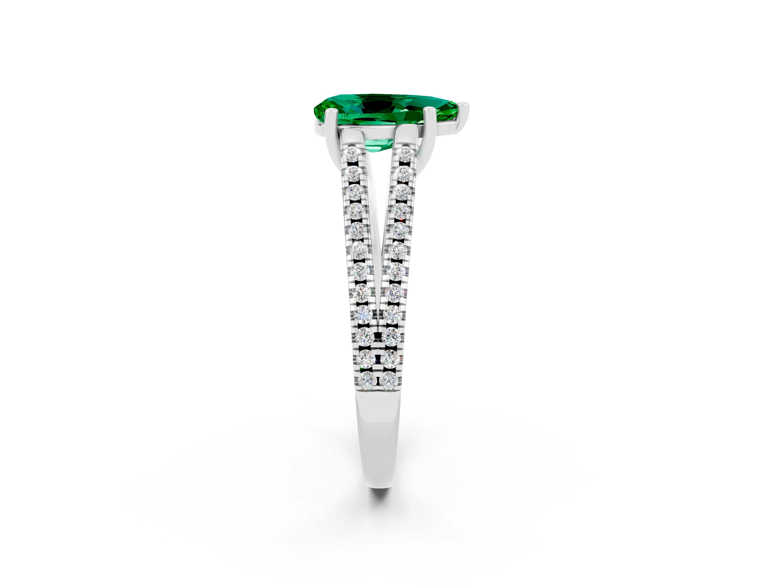 White gold Pear Cut Emerald Solitaire Engagement Ring with Split Shank Pavé Band_2