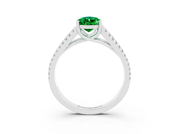 Platinum Pear Cut Emerald Solitaire Engagement Ring with Split Shank Pavé Band