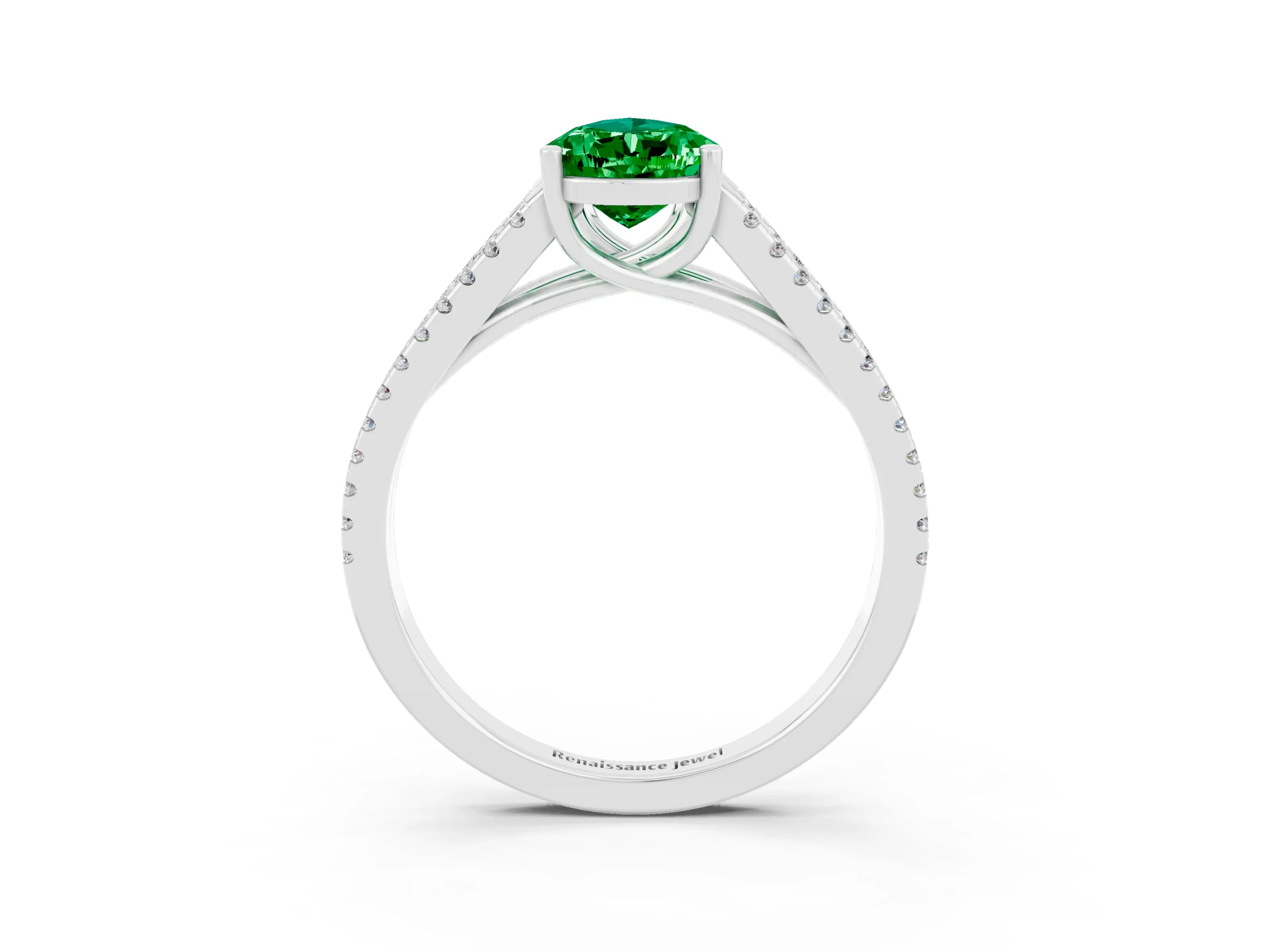 White gold Pear Cut Emerald Solitaire Engagement Ring with Split Shank Pavé Band_3
