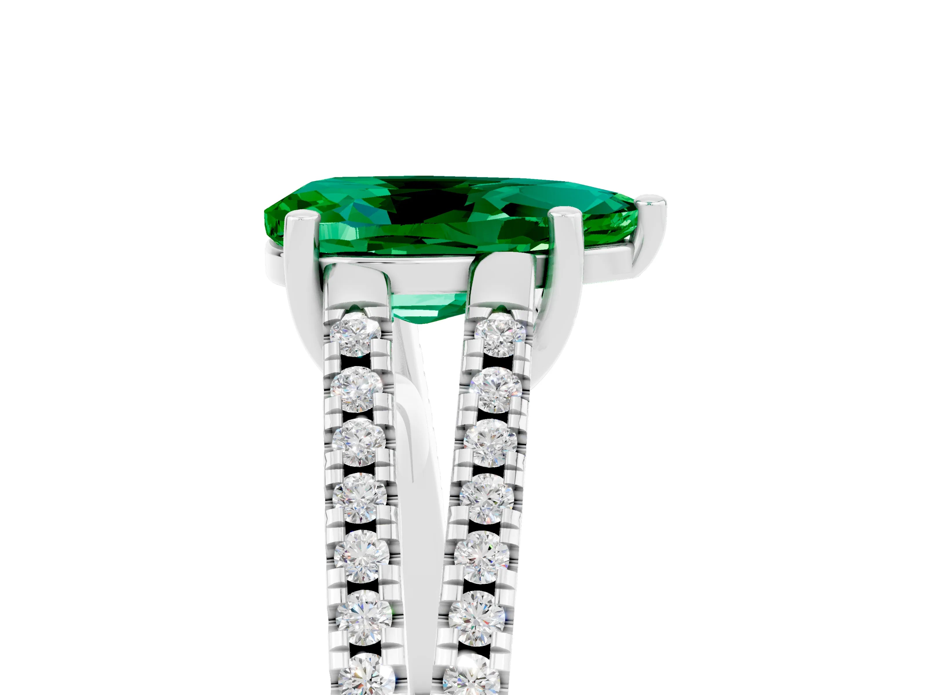 White gold Pear Cut Emerald Solitaire Engagement Ring with Split Shank Pavé Band_5
