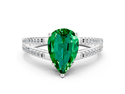 White gold Pear Cut Emerald Solitaire Engagement Ring with Split Shank Pavé Band