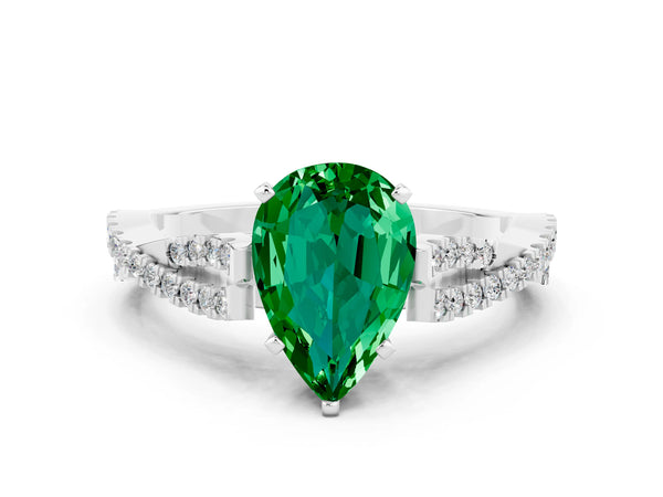 Platinum Pear Cut Emerald Solitaire Engagement Ring with Twisted Pavé Band and Four-Prong Setting