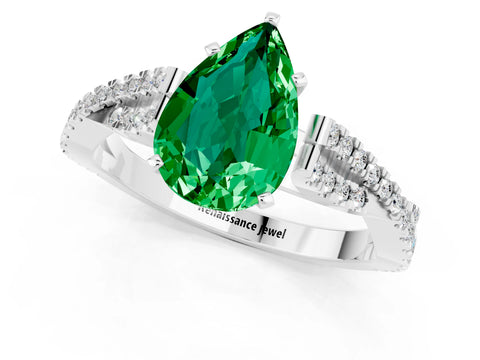 White gold Pear Cut Emerald Solitaire Engagement Ring with Twisted Pavé Band and Four-Prong Setting_1
