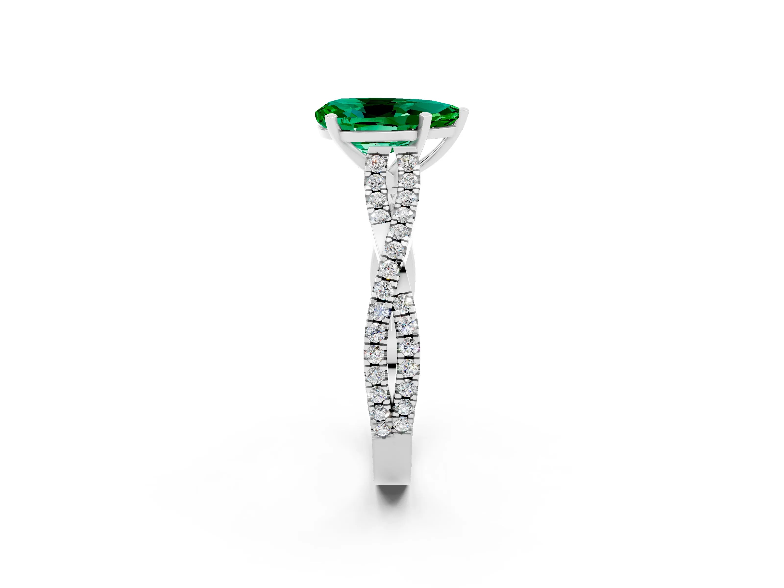 White gold Pear Cut Emerald Solitaire Engagement Ring with Twisted Pavé Band and Four-Prong Setting_2