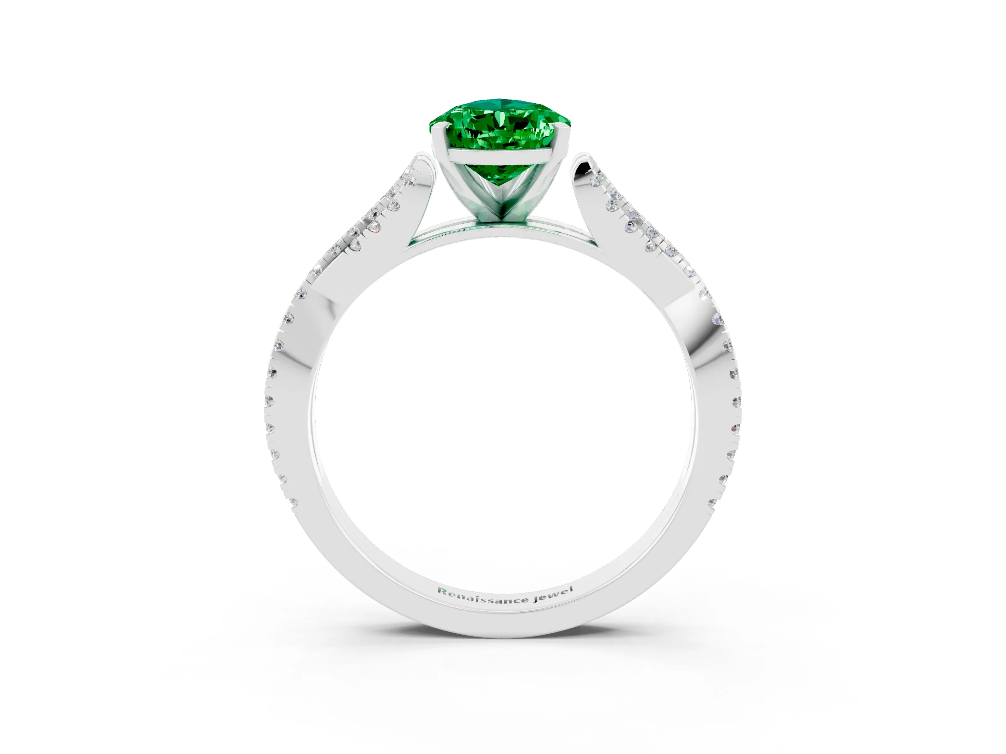 White gold Pear Cut Emerald Solitaire Engagement Ring with Twisted Pavé Band and Four-Prong Setting_3