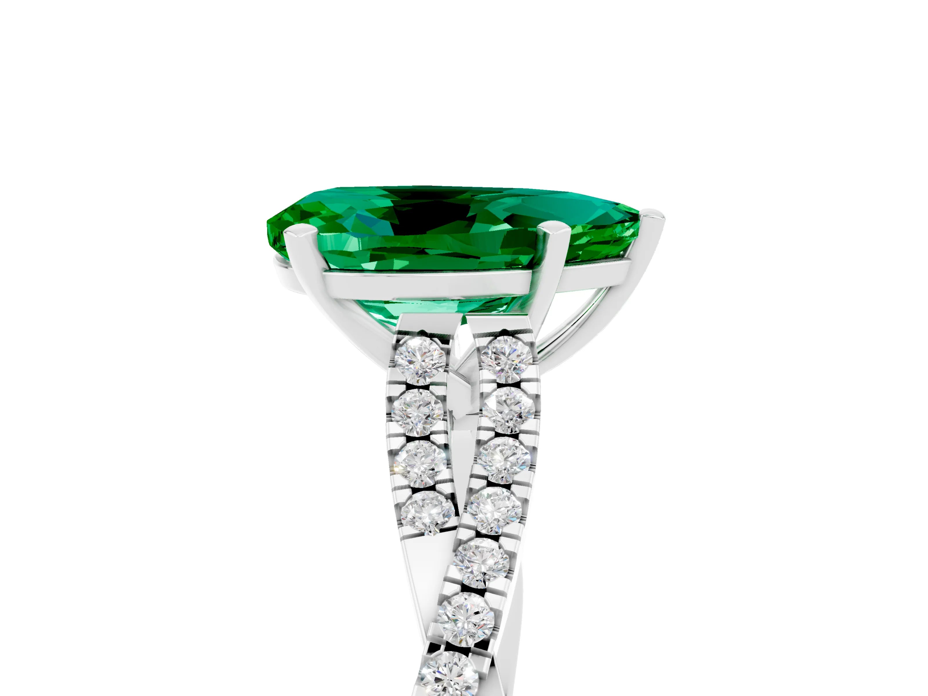 White gold Pear Cut Emerald Solitaire Engagement Ring with Twisted Pavé Band and Four-Prong Setting_5