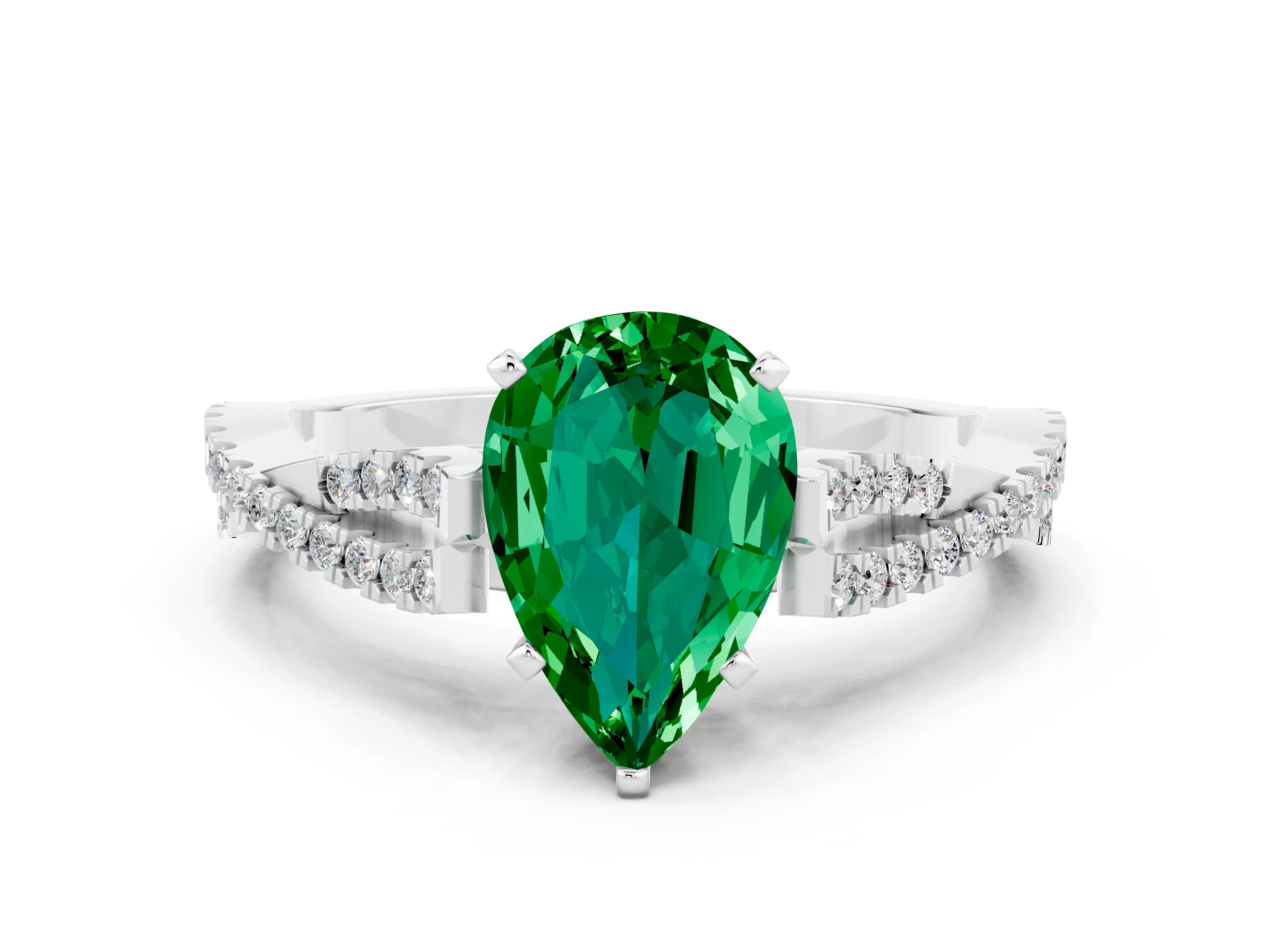 White gold Pear Cut Emerald Solitaire Engagement Ring with Twisted Pavé Band and Four-Prong Setting