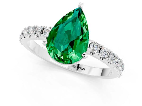 Platinum Pear Cut Emerald Solitaire Pavé Band with Four-Prong Setting