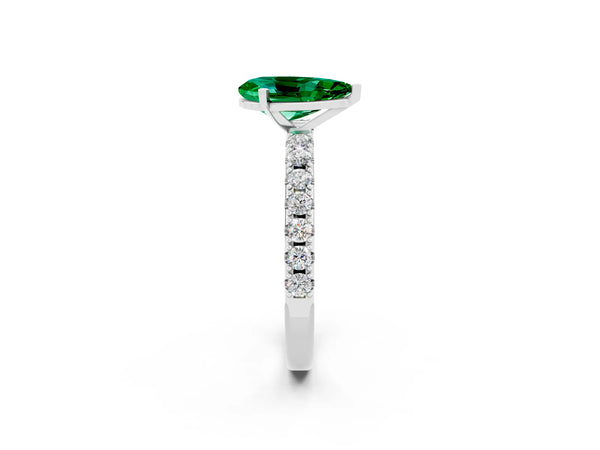 Silver Pear Cut Emerald Solitaire Pavé Band with Four-Prong Setting
