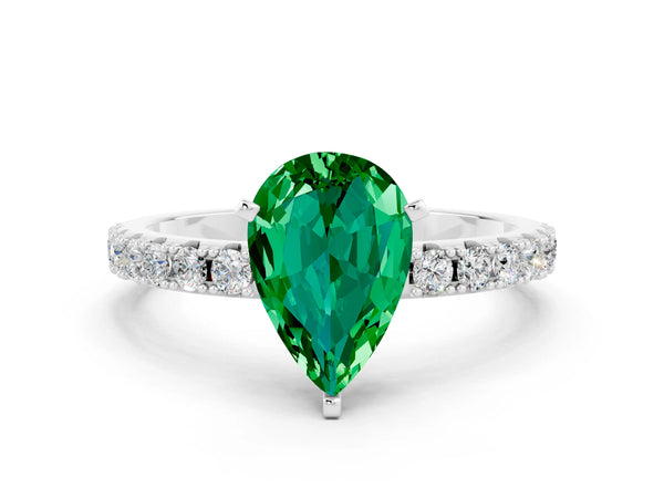 Silver Pear Cut Emerald Solitaire Pavé Band with Four-Prong Setting