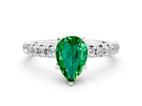 White gold Pear Cut Emerald Solitaire Pavé Engagement Ring with Round Band and Prong Setting_12