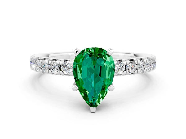 White gold Pear Cut Emerald Solitaire Pavé Engagement Ring with Round Band and Prong Setting