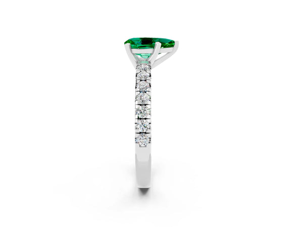 Platinum Pear Cut Emerald Solitaire Pavé Engagement Ring with Round Band and Prong Setting