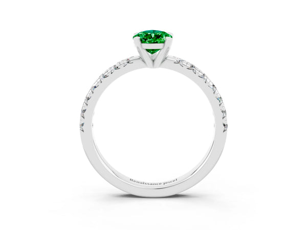 Silver Pear Cut Emerald Solitaire Pavé Engagement Ring with Round Band and Prong Setting