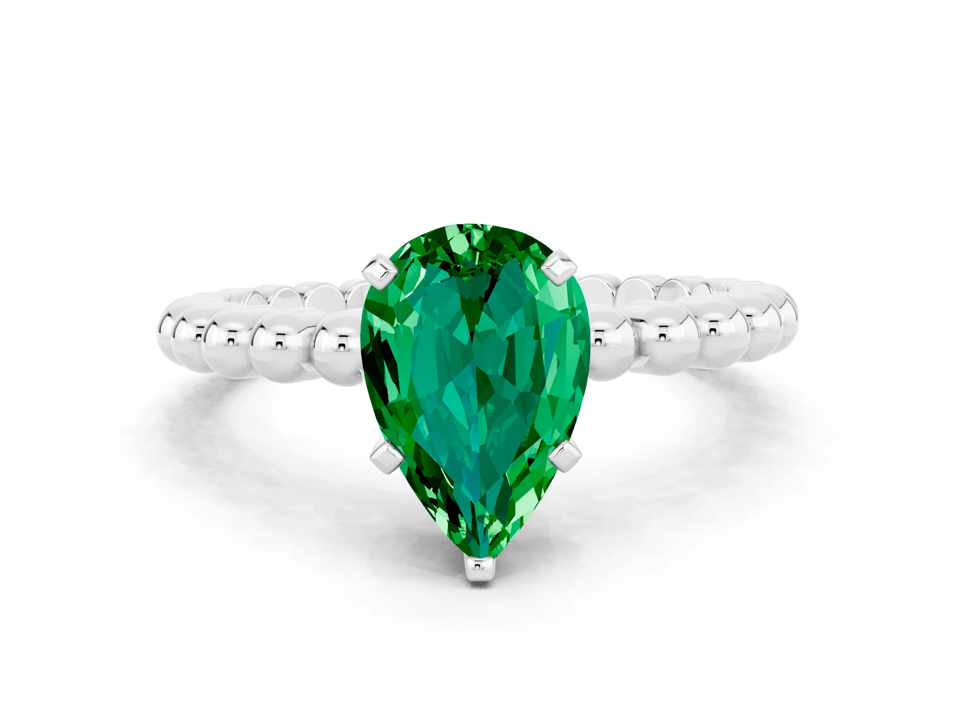 White gold Pear Cut Emerald Solitaire Ring with Beaded Band and Prong Setting