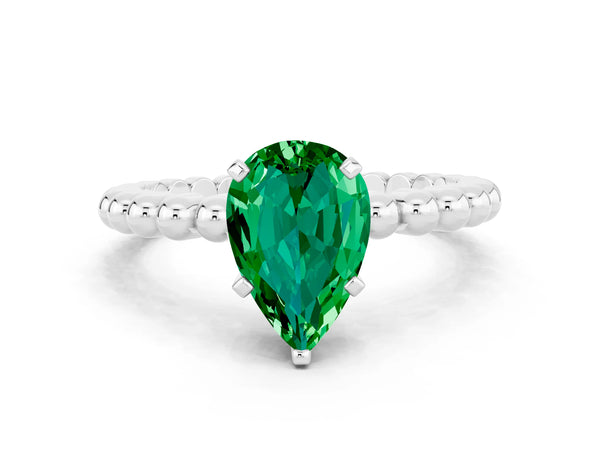 White gold Pear Cut Emerald Solitaire Ring with Beaded Band and Prong Setting