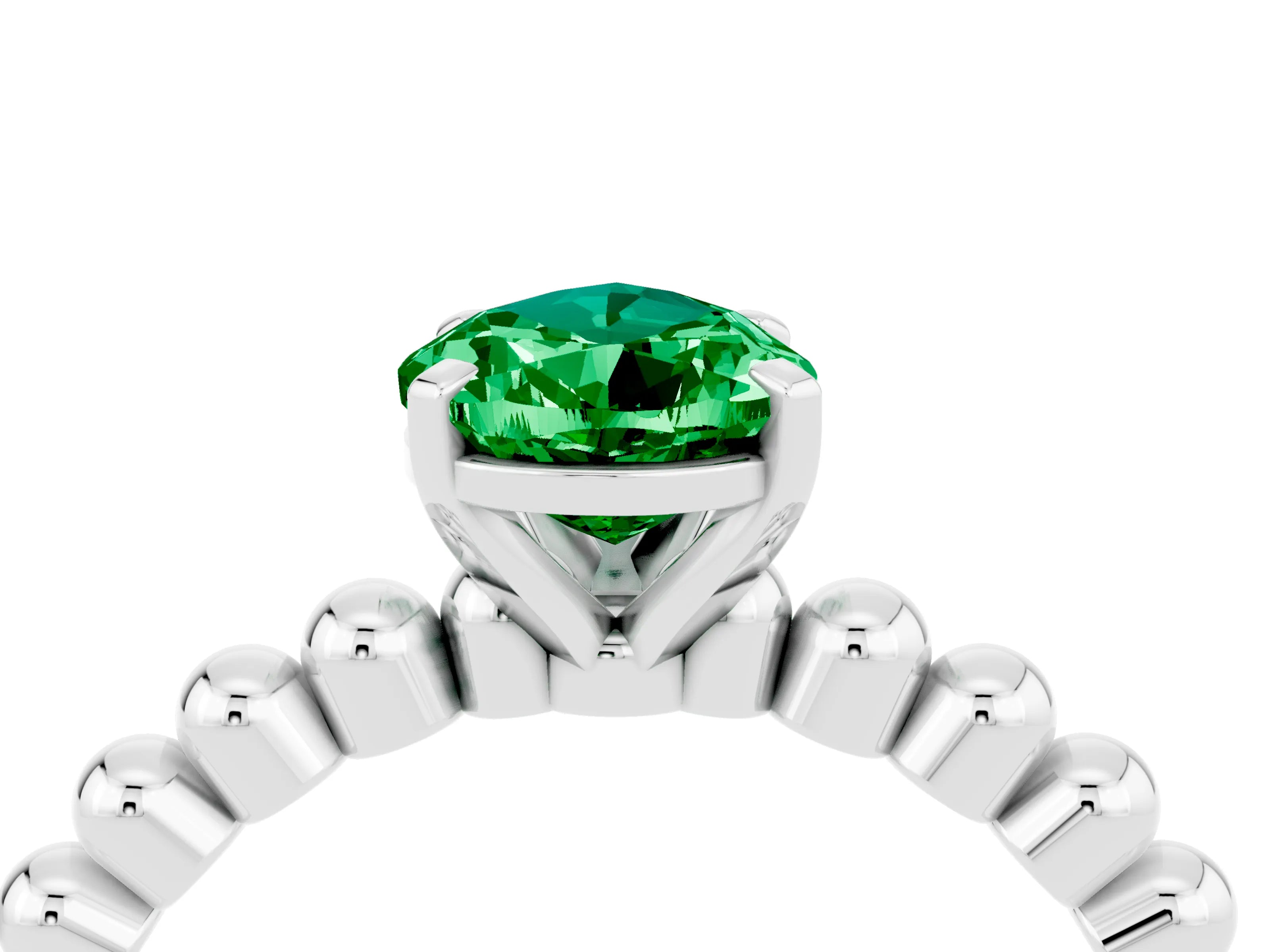 White gold Pear Cut Emerald Solitaire Ring with Beaded Band and Prong Setting_16