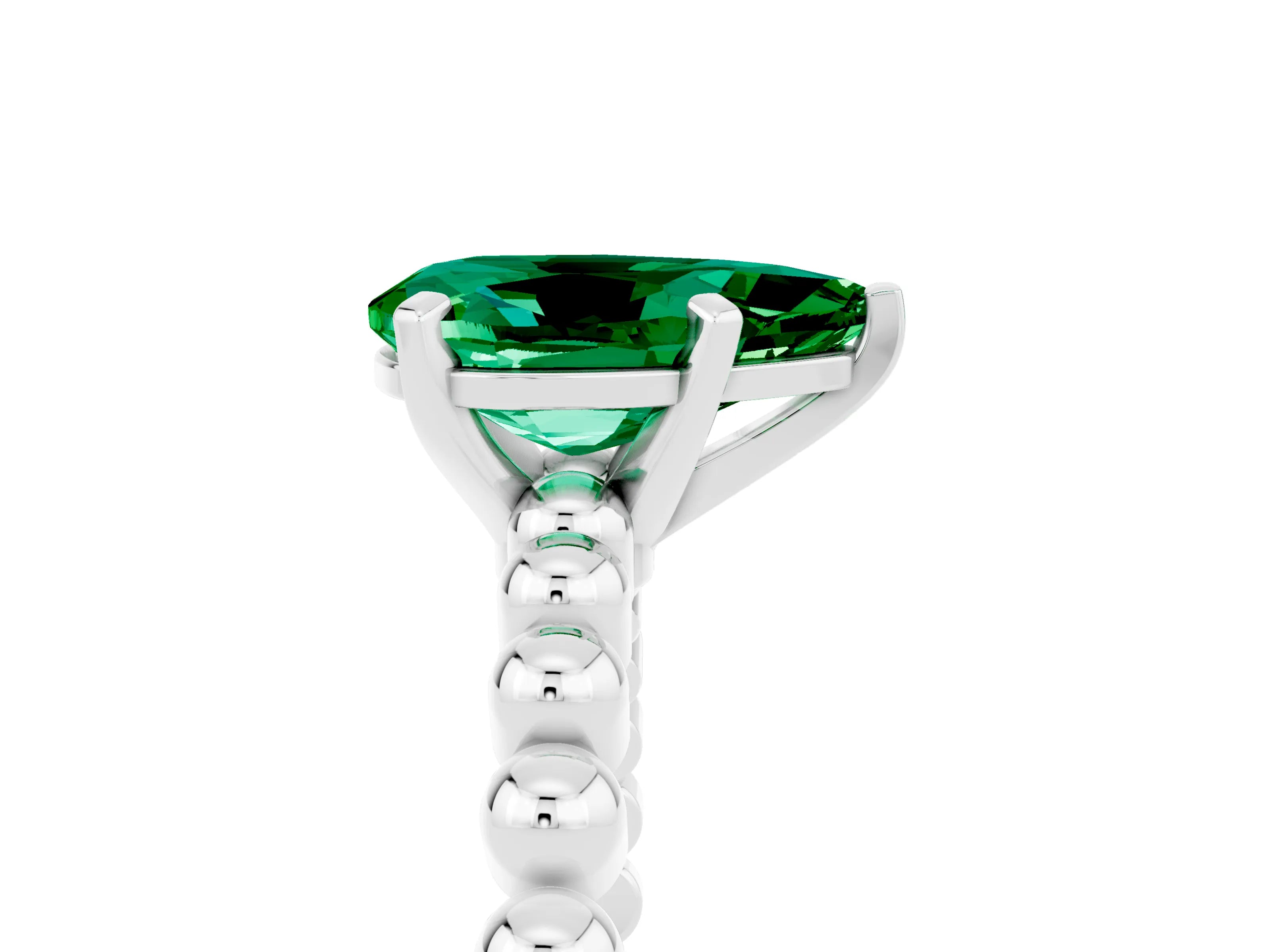 White gold Pear Cut Emerald Solitaire Ring with Beaded Band and Prong Setting_17