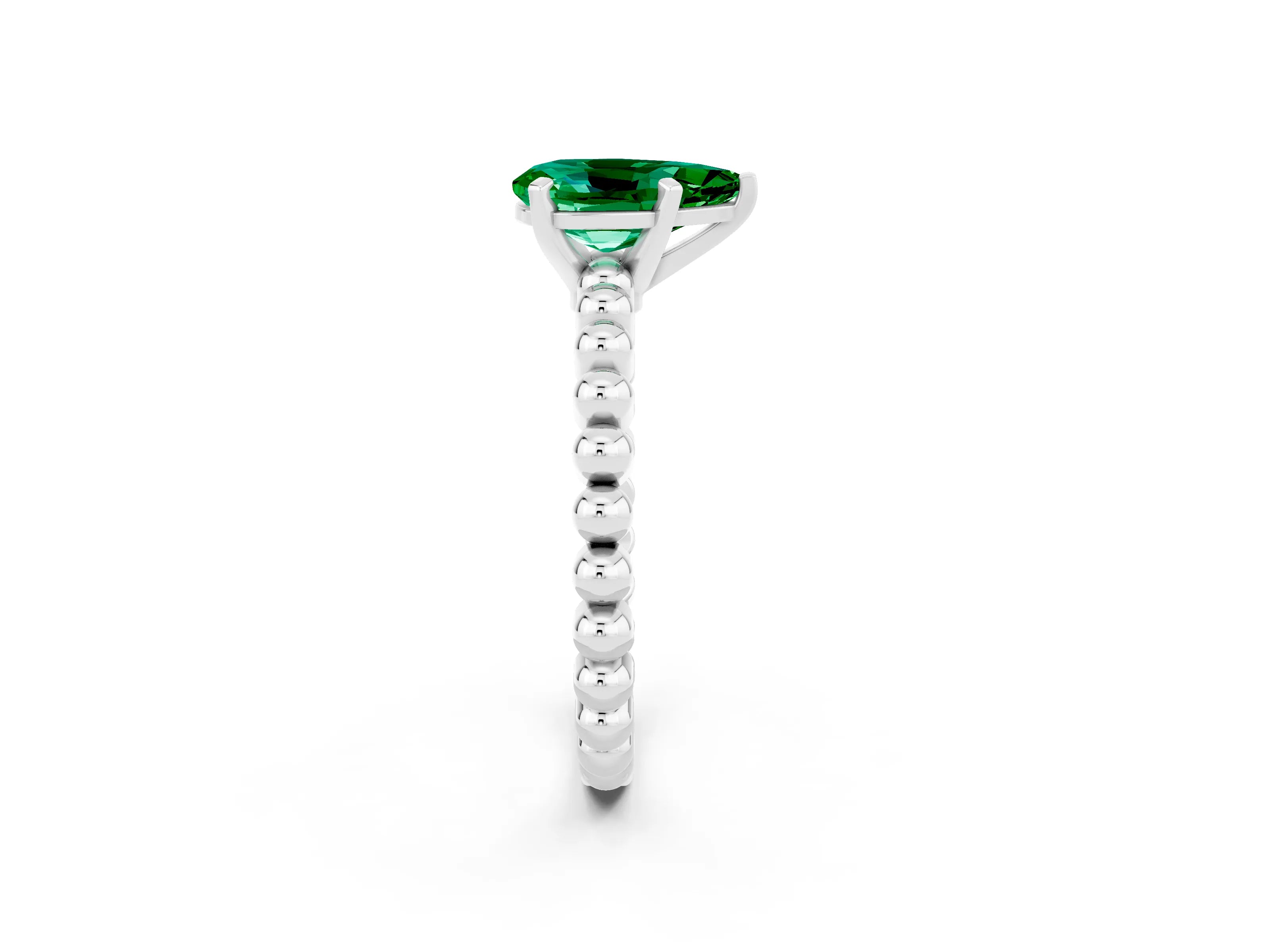 White gold Pear Cut Emerald Solitaire Ring with Beaded Band and Prong Setting_2