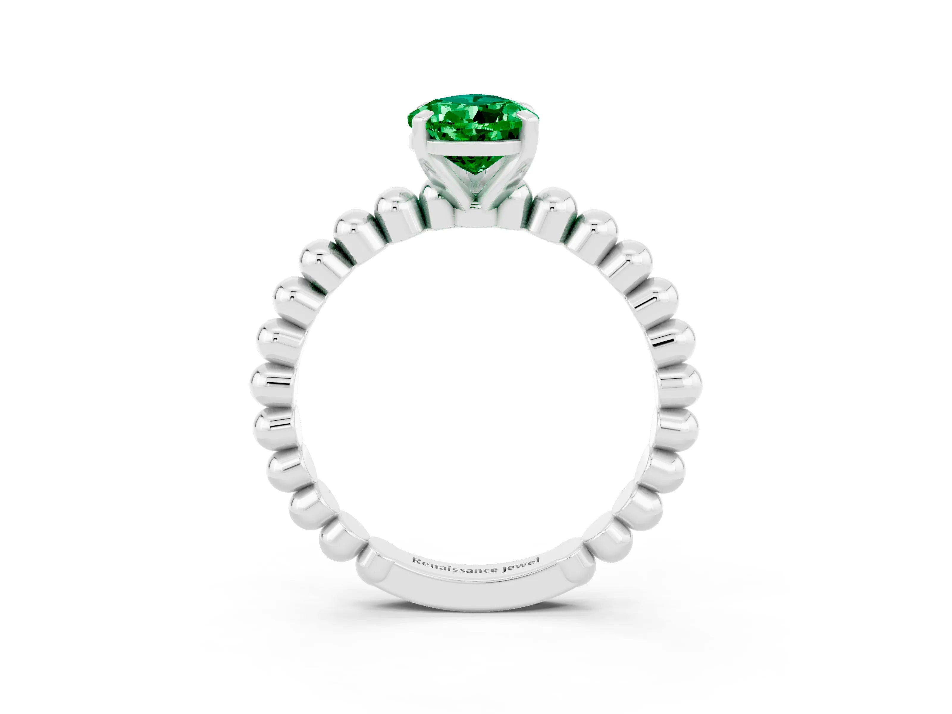 White gold Pear Cut Emerald Solitaire Ring with Beaded Band and Prong Setting_3