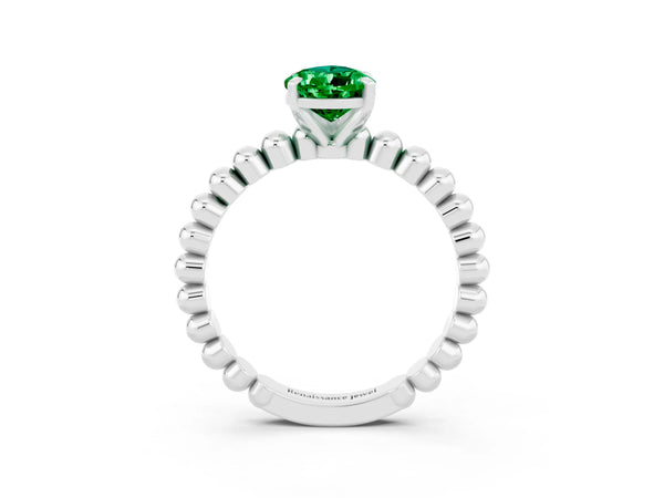Platinum Pear Cut Emerald Solitaire Ring with Beaded Band and Prong Setting