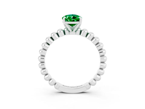 White gold Pear Cut Emerald Solitaire Ring with Beaded Band and Prong Setting_3