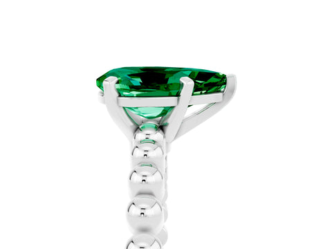 White gold Pear Cut Emerald Solitaire Ring with Beaded Band and Prong Setting_5