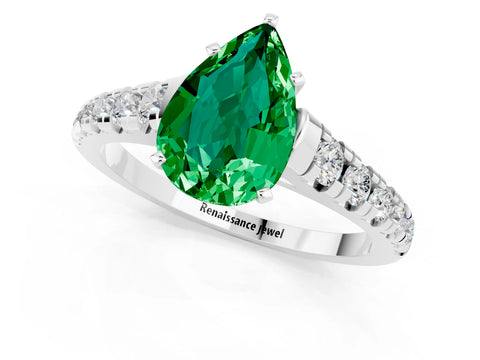 White gold Pear Cut Emerald Solitaire Ring with Cathedral Setting and Pavé Band_1
