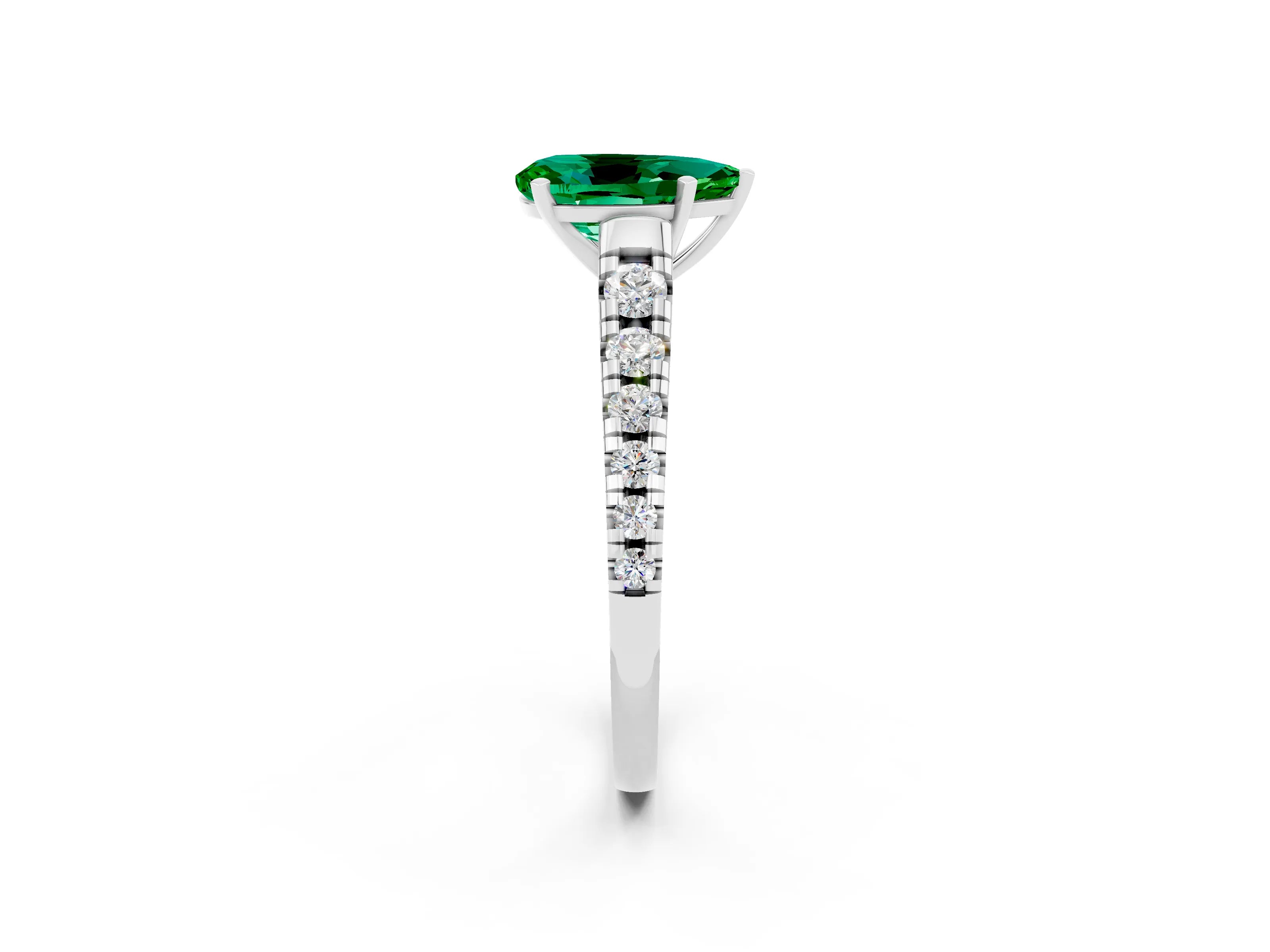 White gold Pear Cut Emerald Solitaire Ring with Cathedral Setting and Pavé Band_2