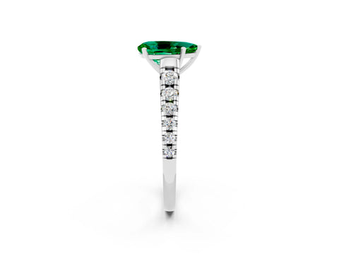 White gold Pear Cut Emerald Solitaire Ring with Cathedral Setting and Pavé Band_2