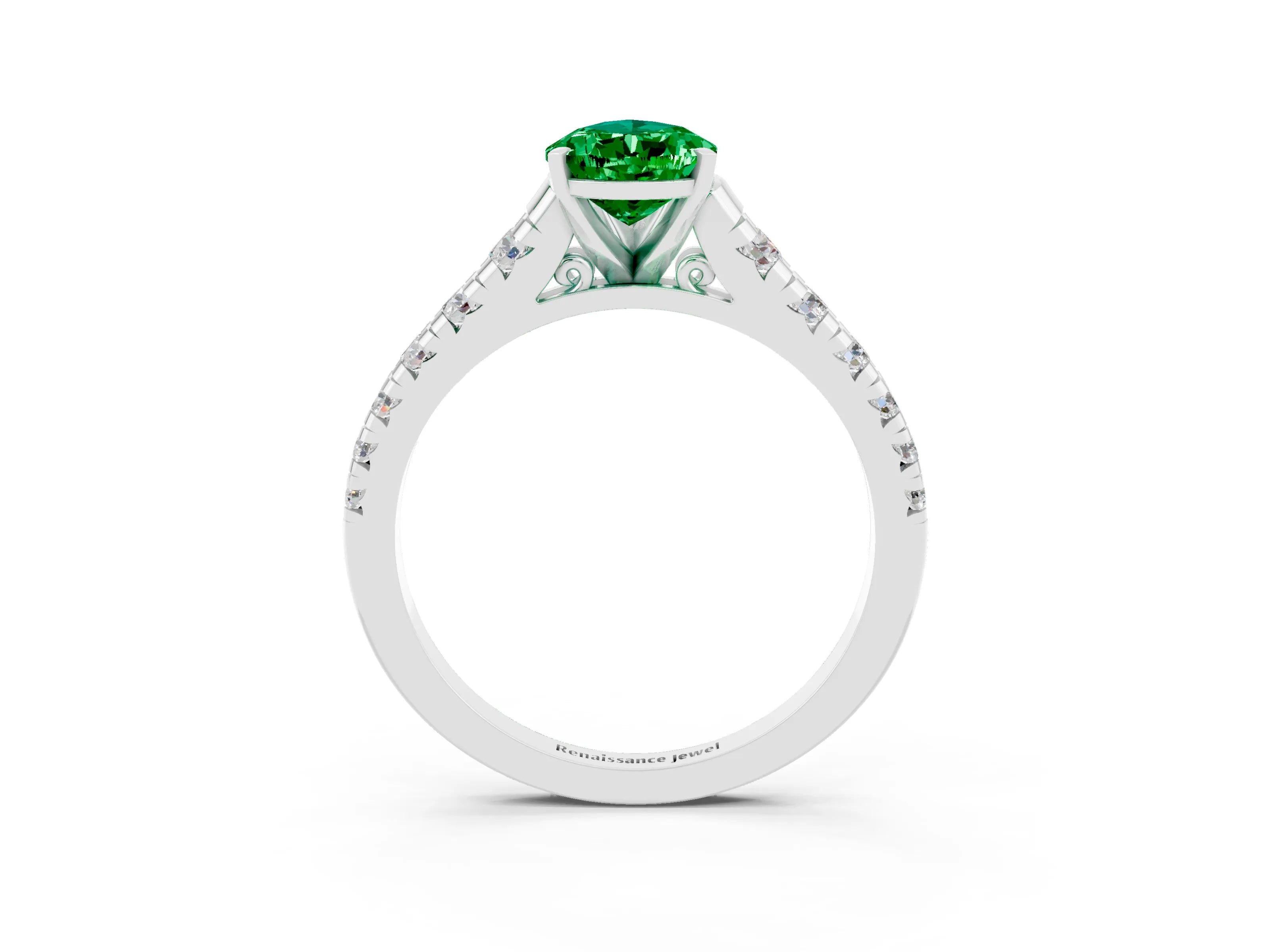 White gold Pear Cut Emerald Solitaire Ring with Cathedral Setting and Pavé Band_3