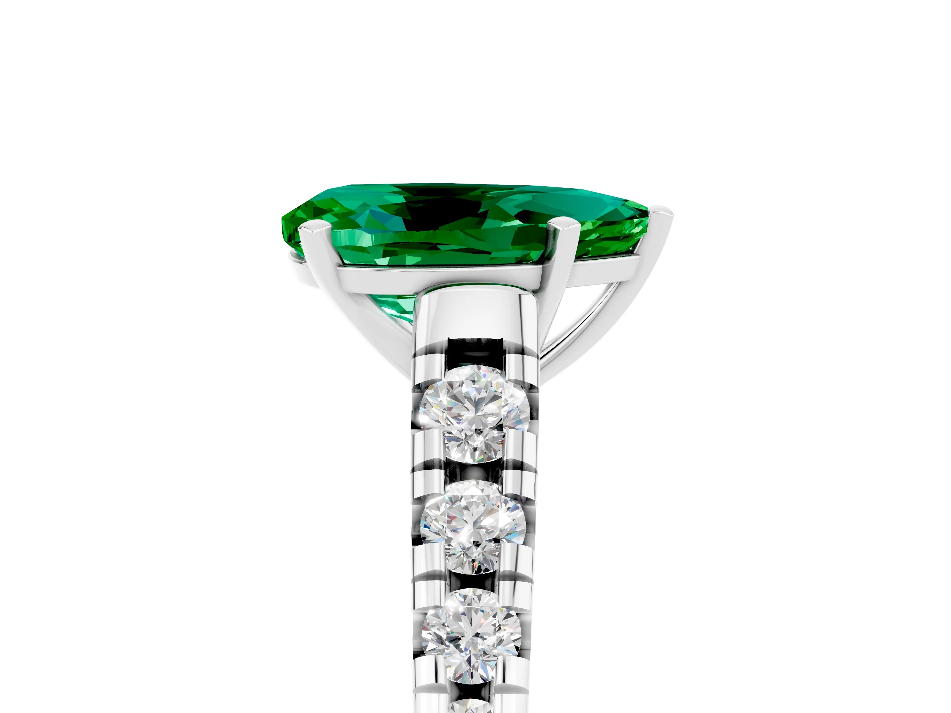 White gold Pear Cut Emerald Solitaire Ring with Cathedral Setting and Pavé Band_5