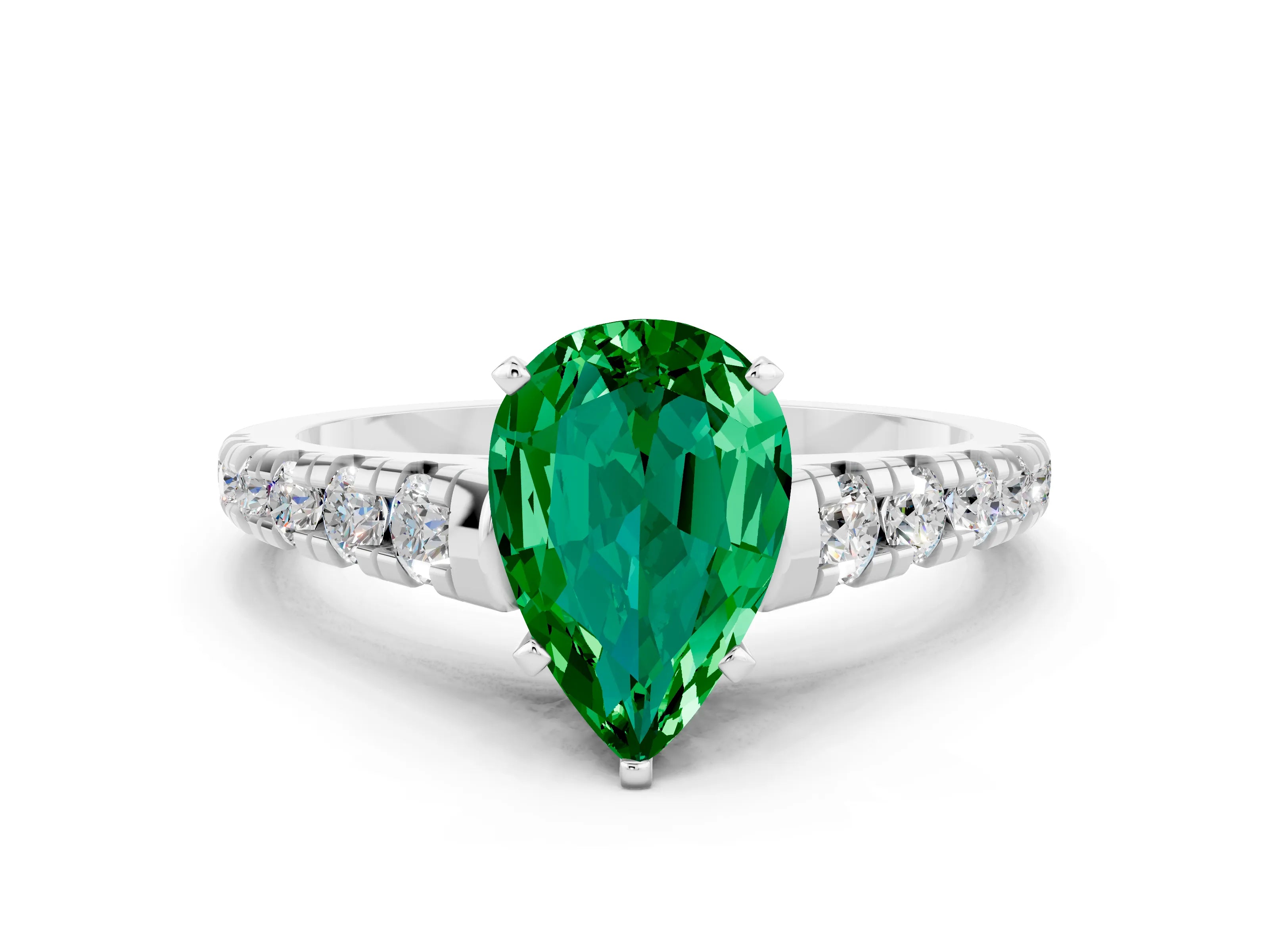 White gold Pear Cut Emerald Solitaire Ring with Cathedral Setting and Pavé Band