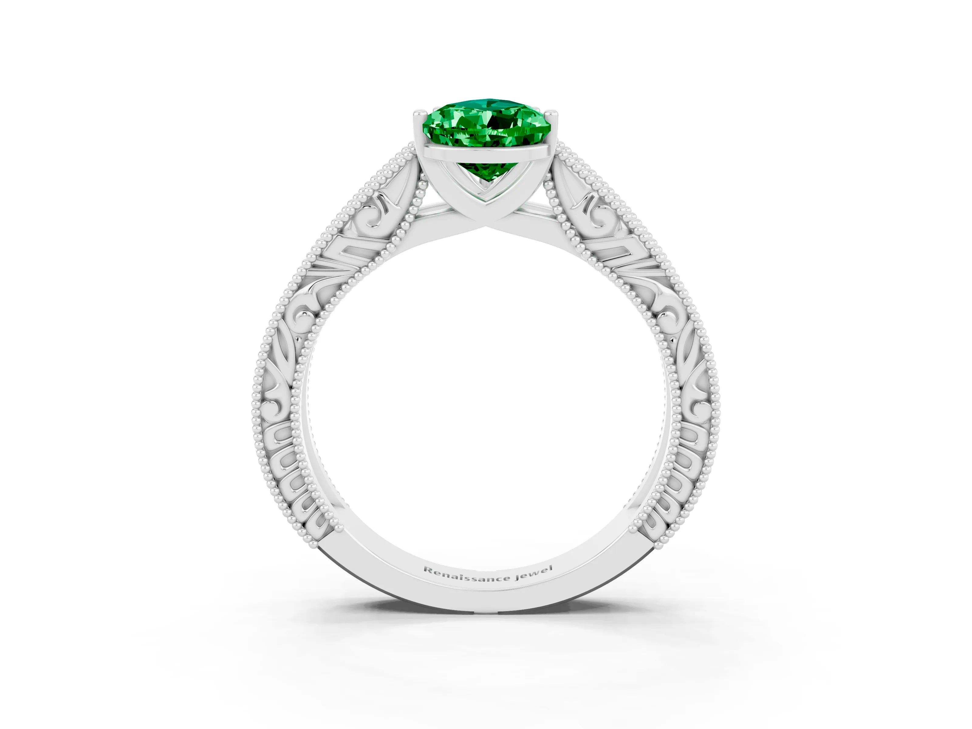 White gold Pear Cut Emerald Solitaire Ring with Engraved Band and Four-Prong Setting_3
