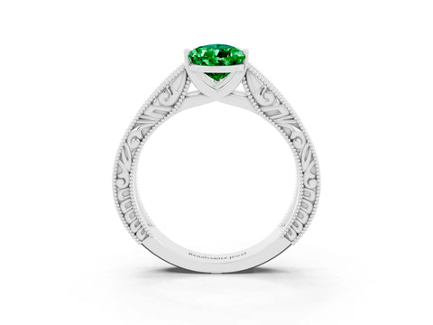 White gold Pear Cut Emerald Solitaire Ring with Engraved Band and Four-Prong Setting_3