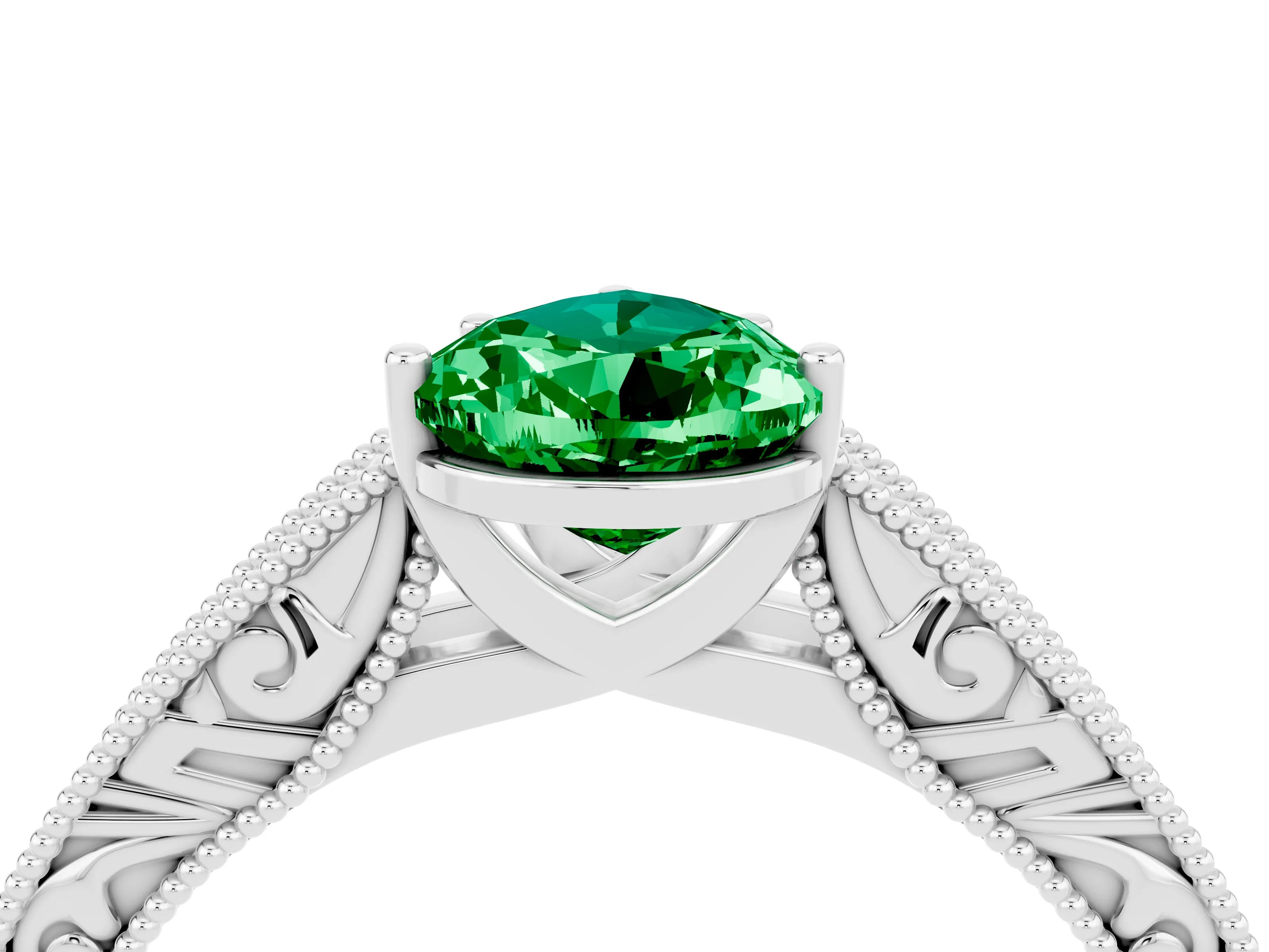 White gold Pear Cut Emerald Solitaire Ring with Engraved Band and Four-Prong Setting_4