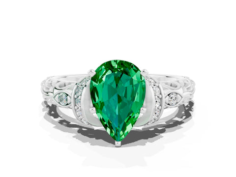 White gold Pear Cut Emerald Solitaire Ring with Filigree Band and Four-Prong Setting_64