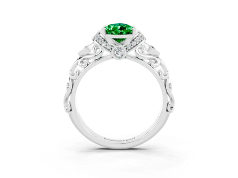 White gold Pear Cut Emerald Solitaire Ring with Filigree Band and Four-Prong Setting_67