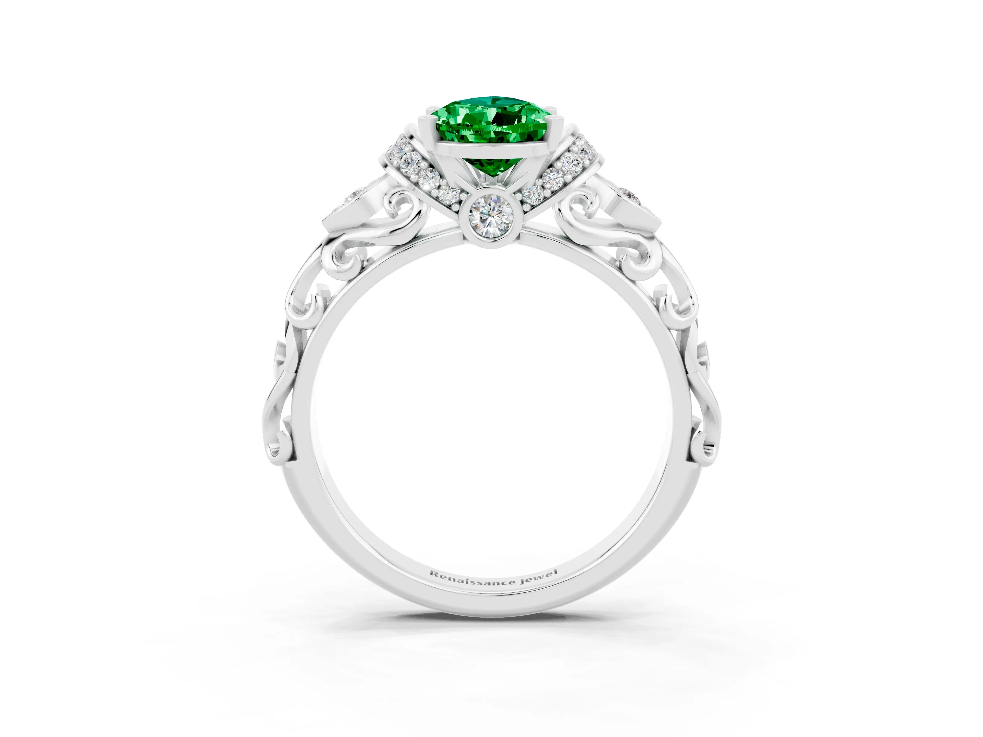 White gold Pear Cut Emerald Solitaire Ring with Filigree Band and Four-Prong Setting_69