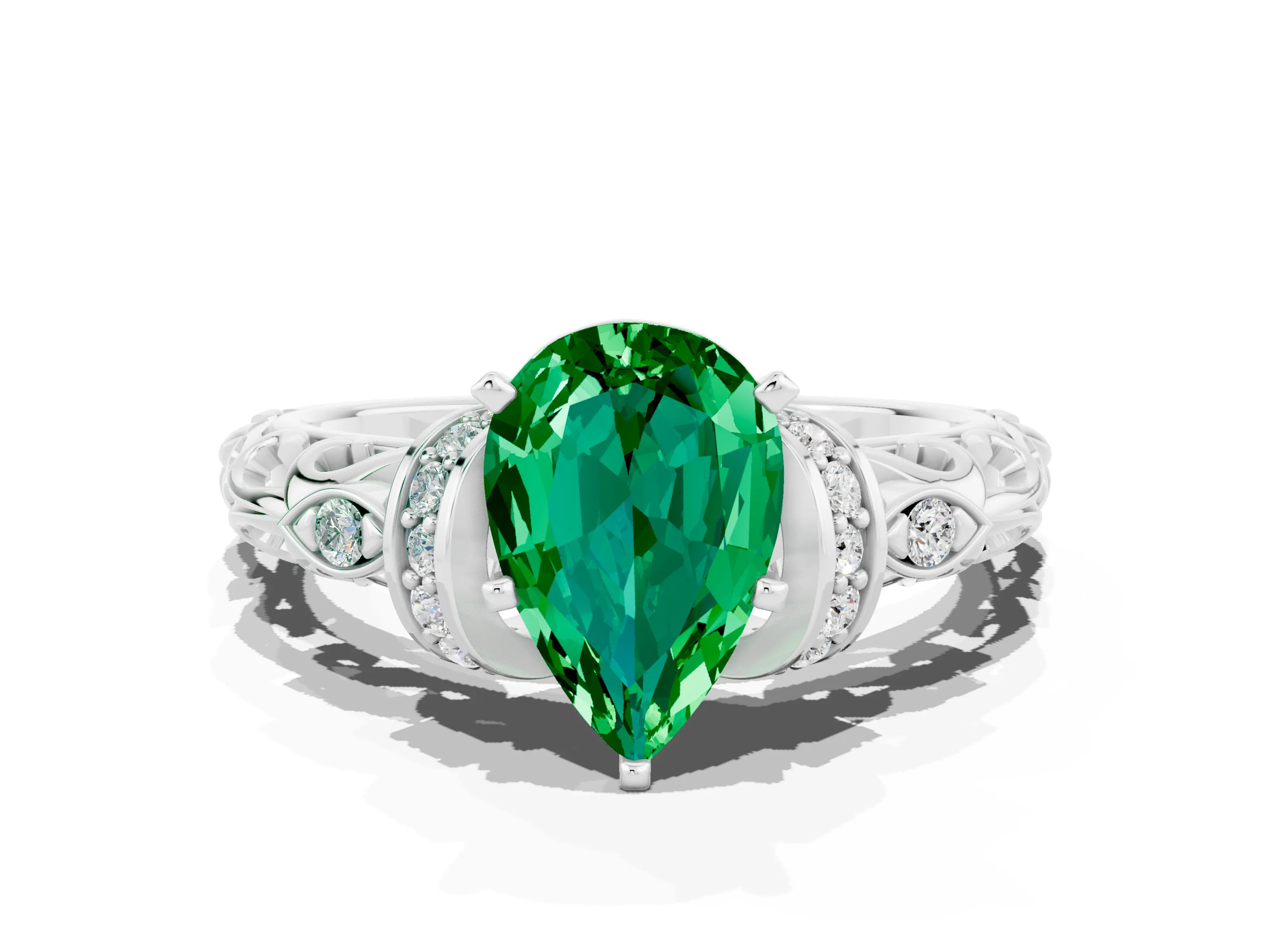 White gold Pear Cut Emerald Solitaire Ring with Filigree Band and Four-Prong Setting_71