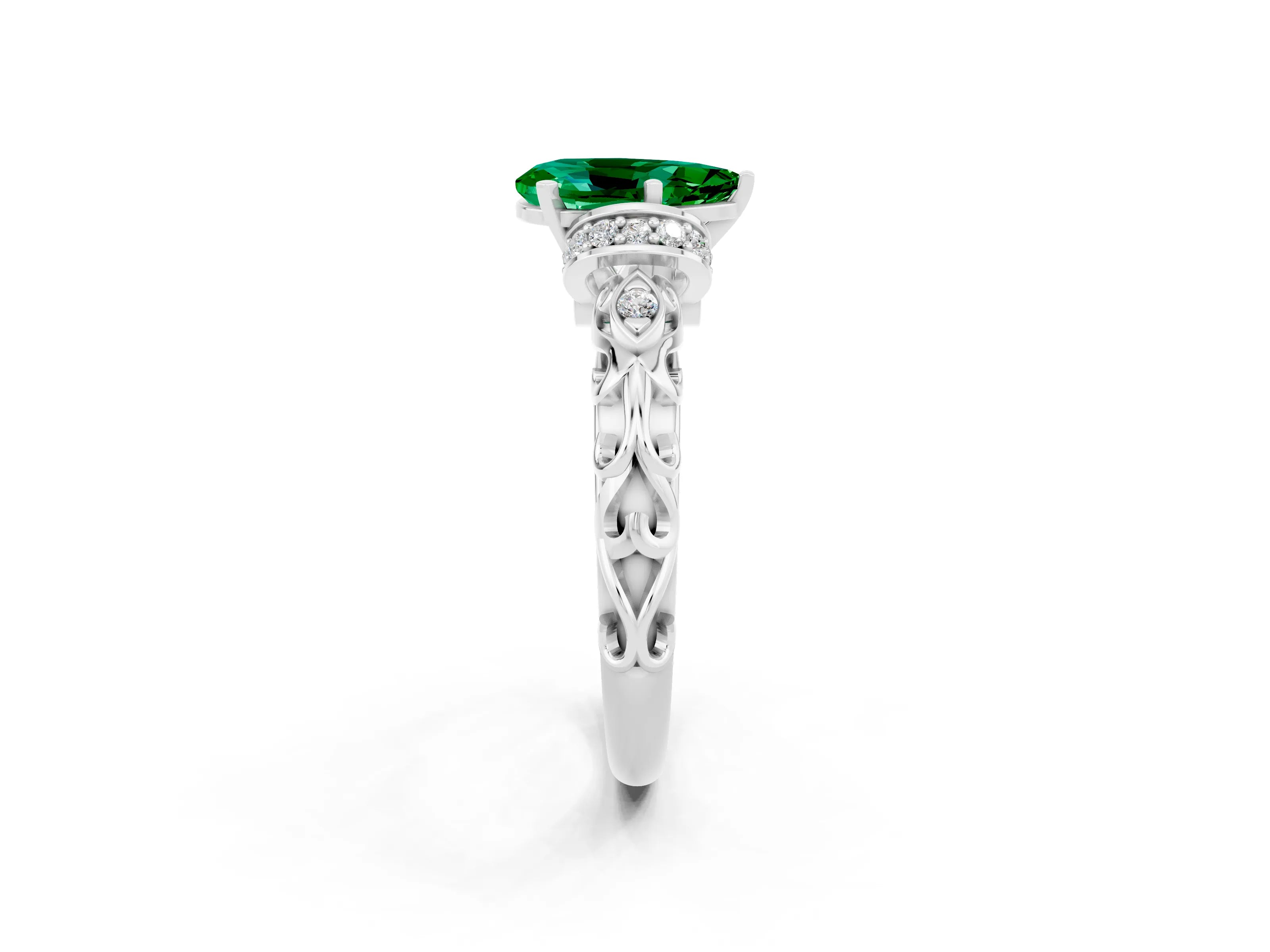 White gold Pear Cut Emerald Solitaire Ring with Filigree Band and Four-Prong Setting_73