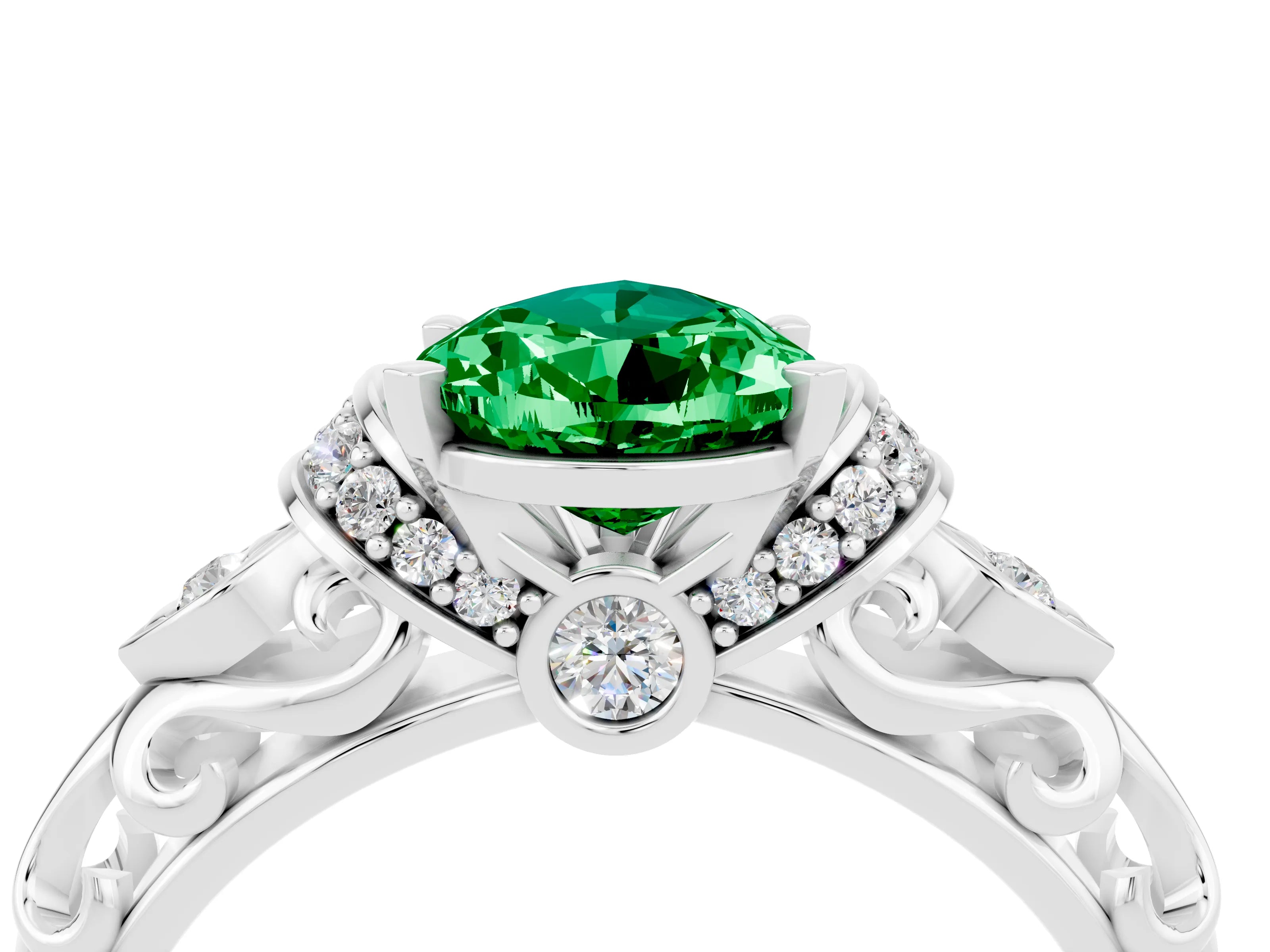 White gold Pear Cut Emerald Solitaire Ring with Filigree Band and Four-Prong Setting_75