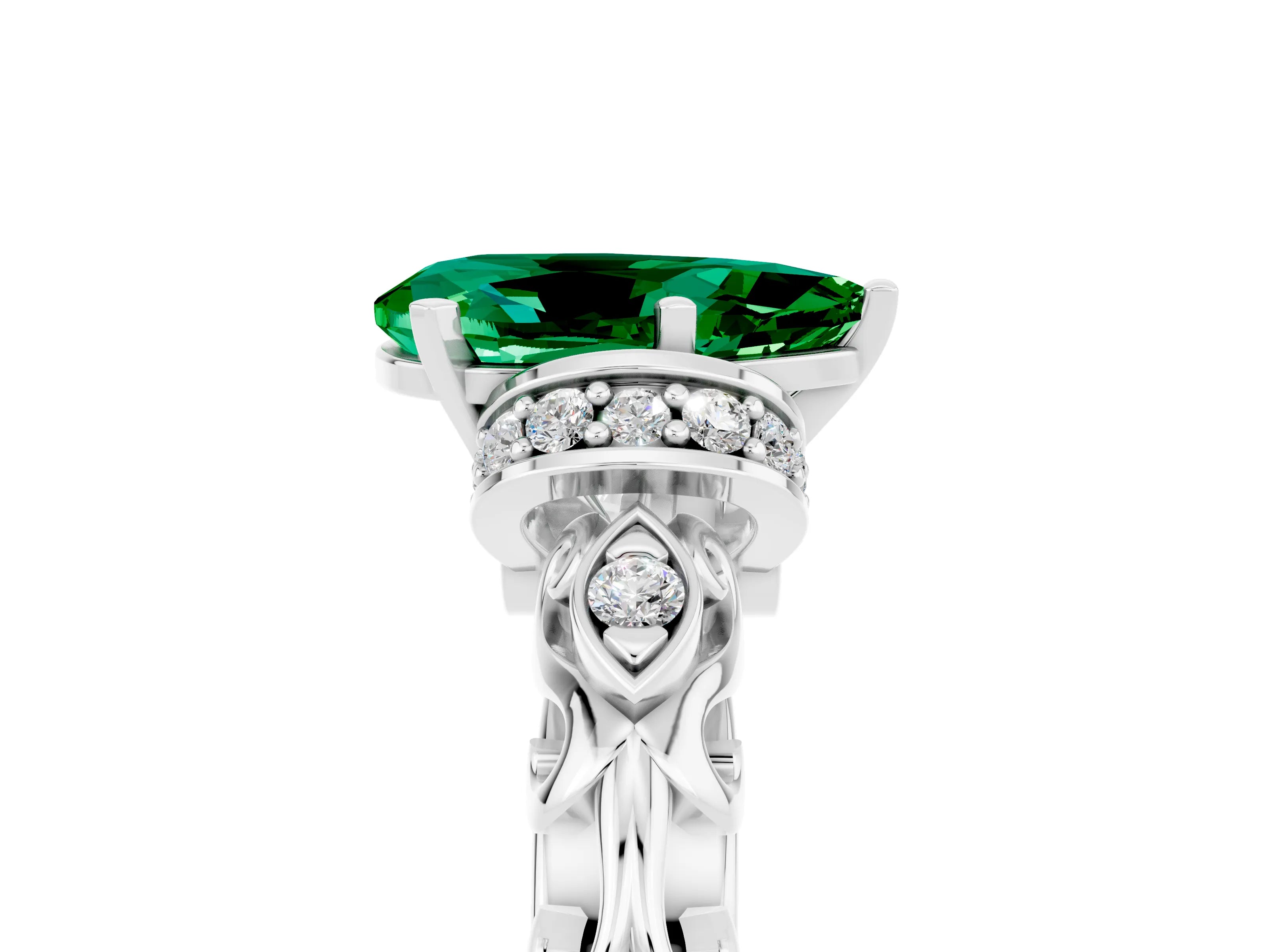 White gold Pear Cut Emerald Solitaire Ring with Filigree Band and Four-Prong Setting_76
