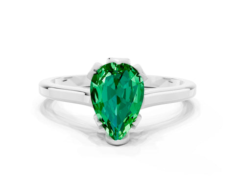 White gold Pear Cut Emerald Solitaire Ring with Flower Prong Setting and Classic Band_12