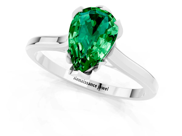 Platinum Pear Cut Emerald Solitaire Ring with Flower Prong Setting and Classic Band