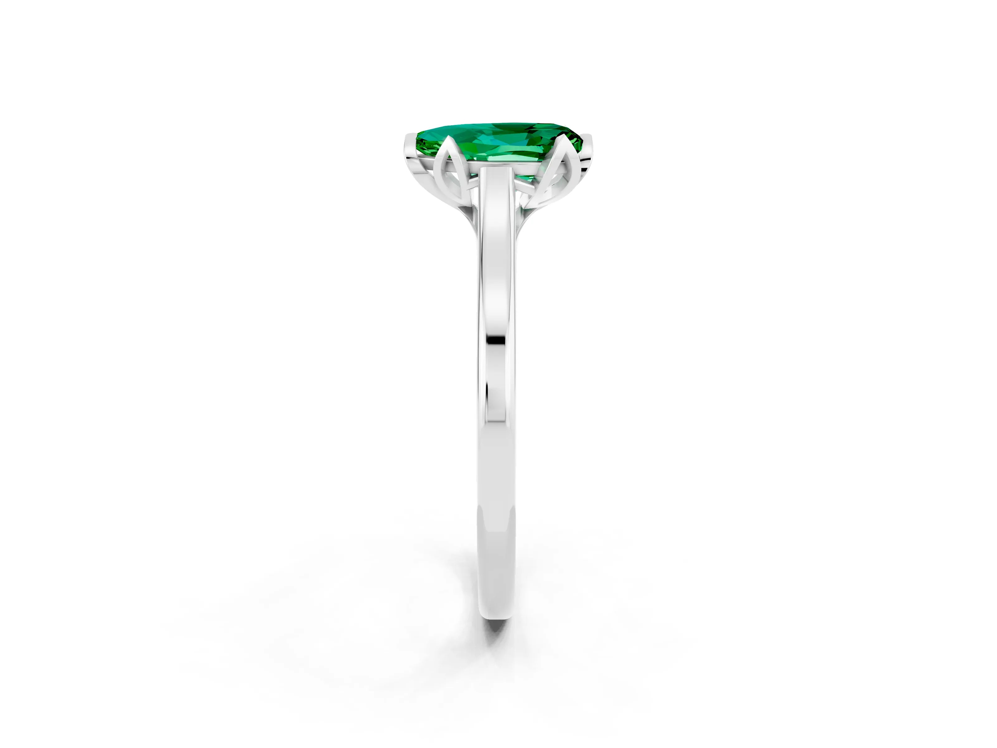 White gold Pear Cut Emerald Solitaire Ring with Flower Prong Setting and Classic Band_14