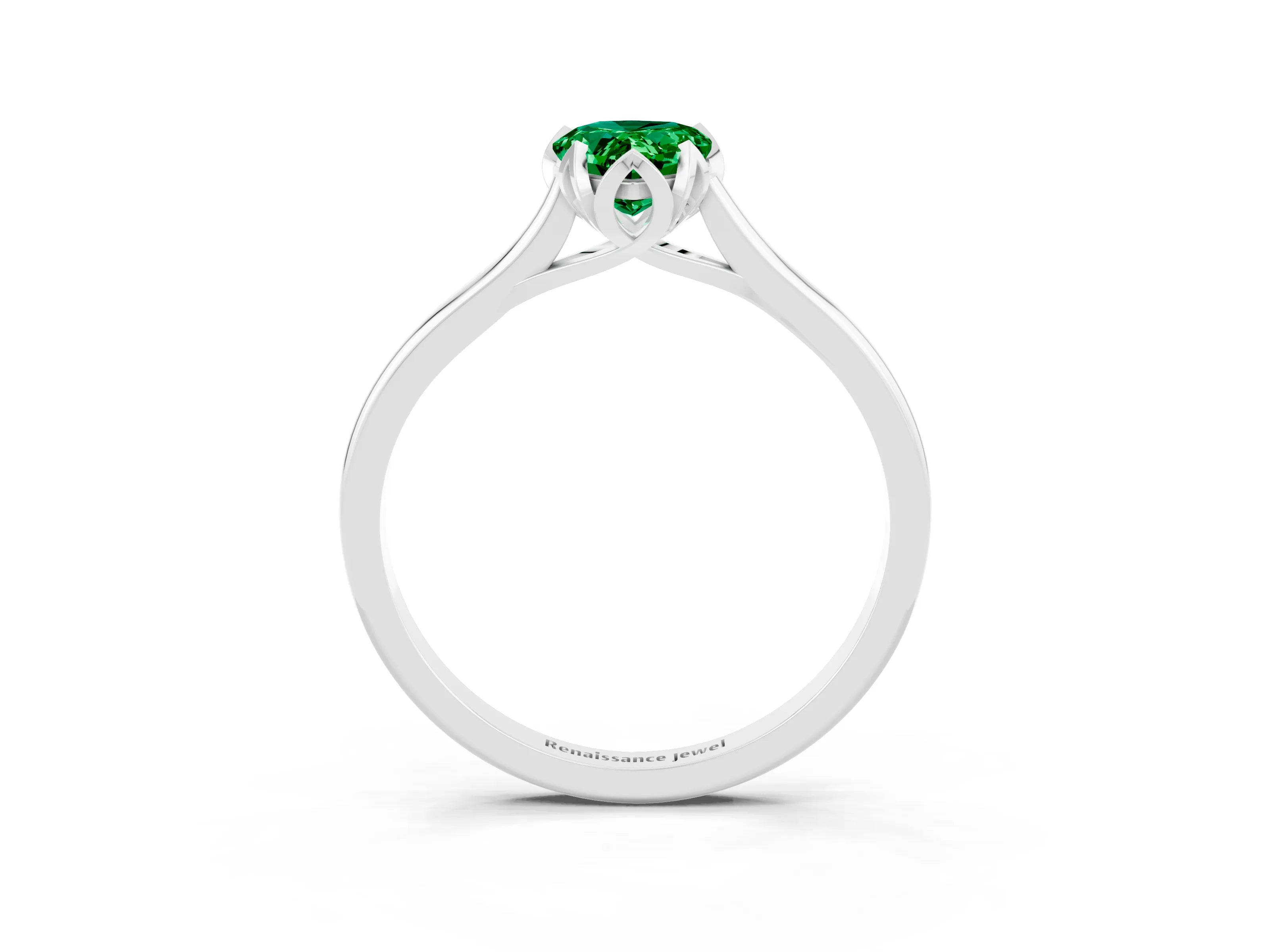 White gold Pear Cut Emerald Solitaire Ring with Flower Prong Setting and Classic Band_15