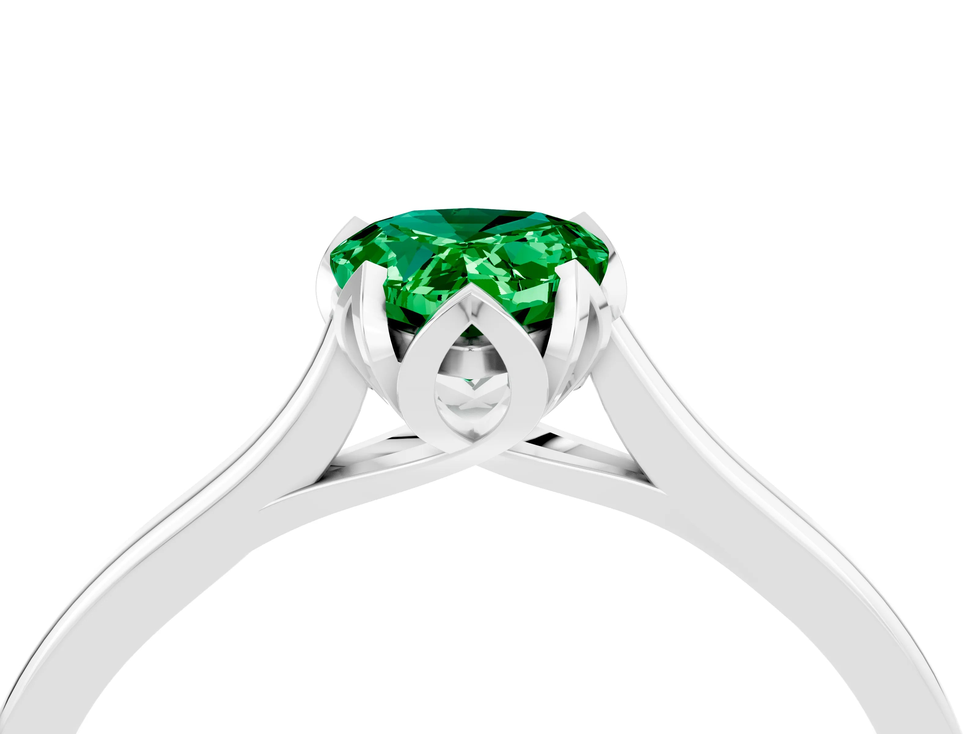 White gold Pear Cut Emerald Solitaire Ring with Flower Prong Setting and Classic Band_16