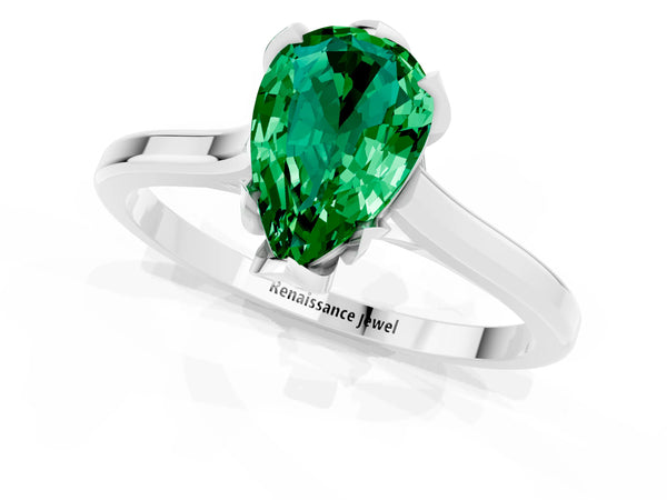 White gold Pear Cut Emerald Solitaire Ring with Flower Prong Setting and Classic Band